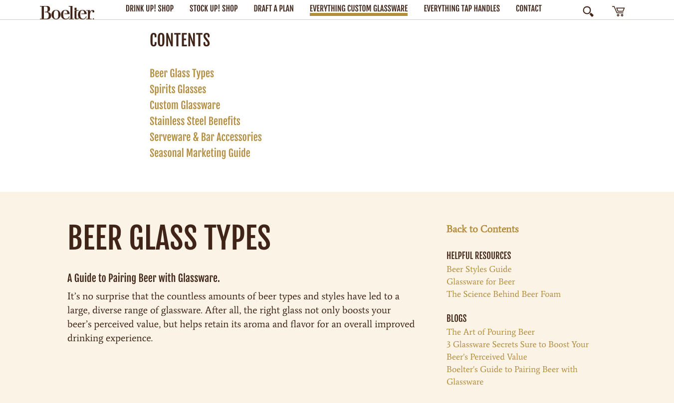 Custom Glassware page navigation links