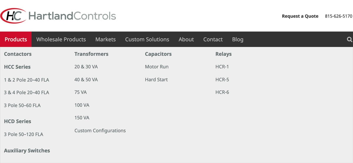 Hartland Controls megamenu