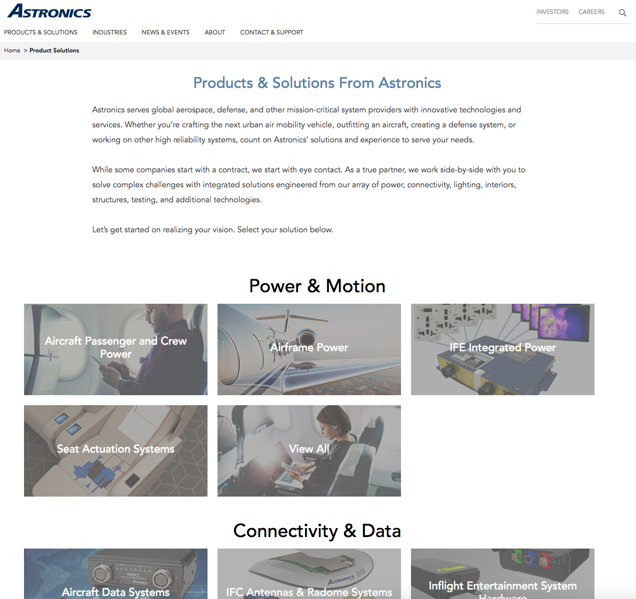 Product & Solutions selection page