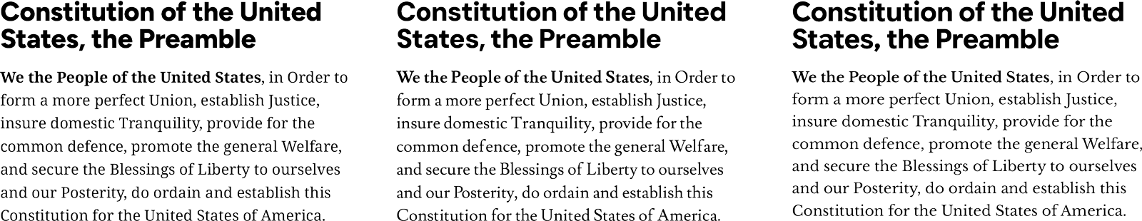 The same text set in three different pairs of fonts