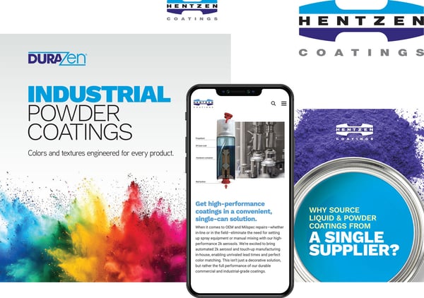Hentzen Coatings logo, mobile website, social post, and brochure all present a unified appearance and tone that communicate who they are